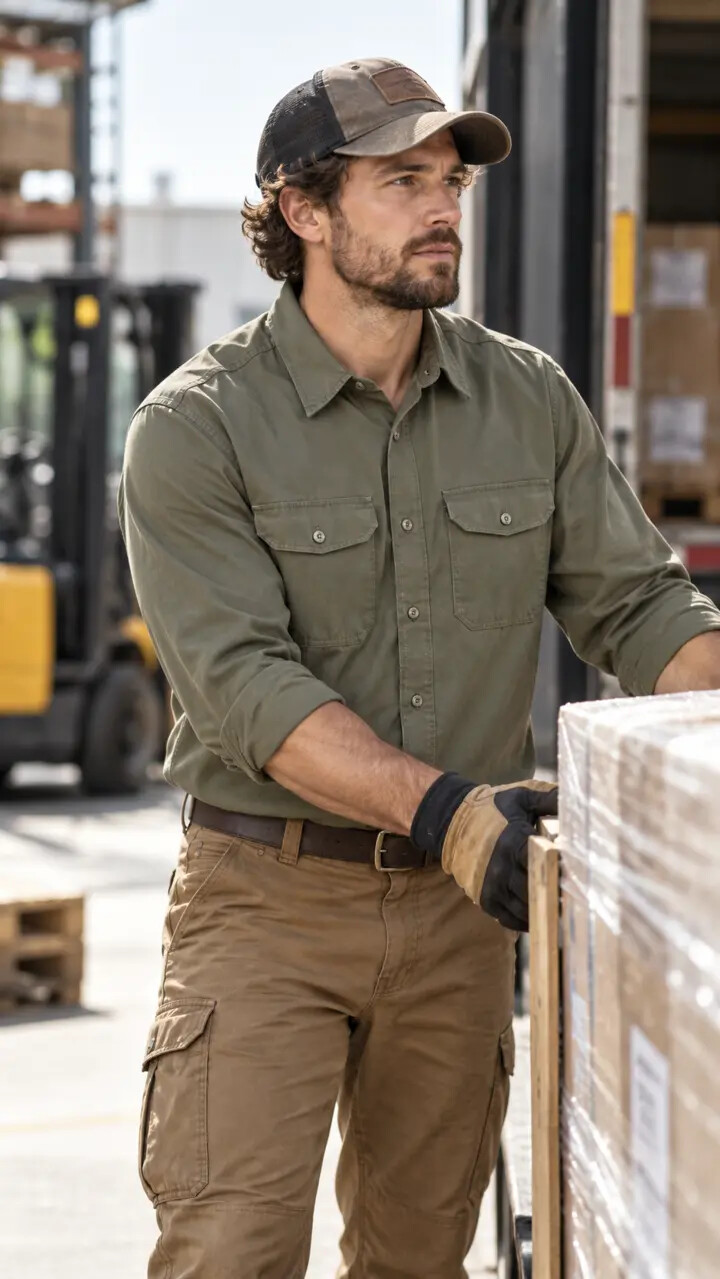 Camisa de Trabajo OMBU verde en un depósito industrial
