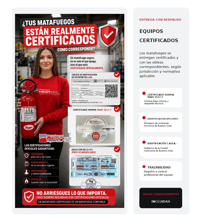 Matafuego MEGASEG acompañado por tarjeta de identificación CABA, certificado IRAM 3517-2 e identificación DPS u OPDS de la Provincia de Buenos Aires