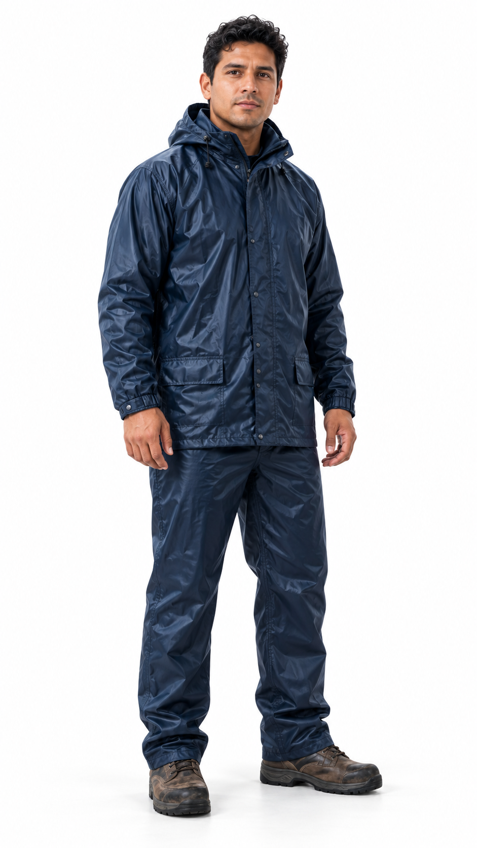 Traje de lluvia impermeable azul con campera y pantalón