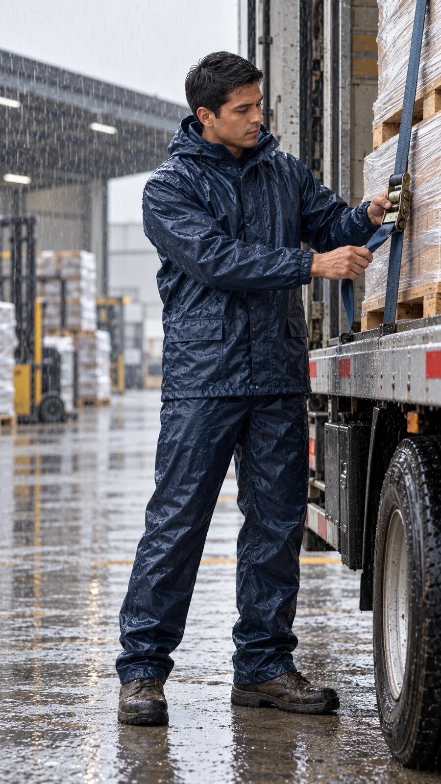 Traje de lluvia impermeable en tareas de logística