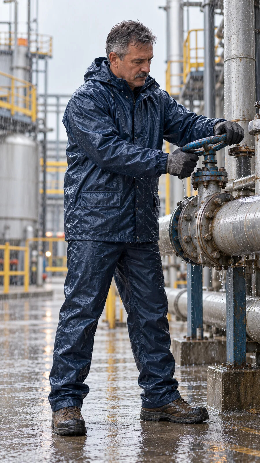 Traje de lluvia impermeable en mantenimiento industrial