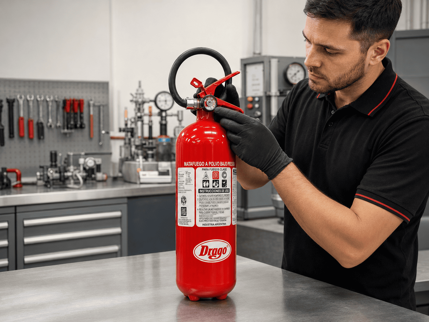 Técnico revisando un matafuego